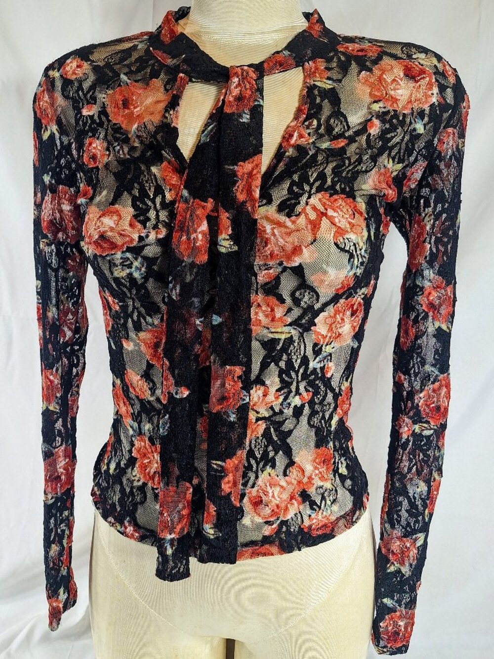Forever 21 Lace Sheer Mesh Floral Tie Neck Roses Fitted Top S Romantic 90s